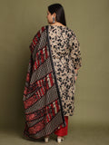 Beige & Black Cotton Blend Abstract Printed Plus Size Kurta & Pant With Dupatta