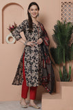 Beige And Black Cotton Blend Embroidered Straight Kurta & Pant With Dupatta