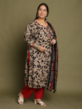 Beige & Black Cotton Blend Abstract Printed Plus Size Kurta & Pant With Dupatta