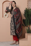 Beige And Black Cotton Blend Embroidered Straight Kurta & Pant With Dupatta