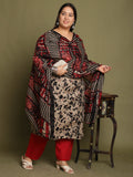 Beige & Black Cotton Blend Abstract Printed Plus Size Kurta & Pant With Dupatta