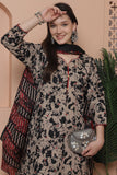 Beige And Black Cotton Blend Embroidered Straight Kurta & Pant With Dupatta