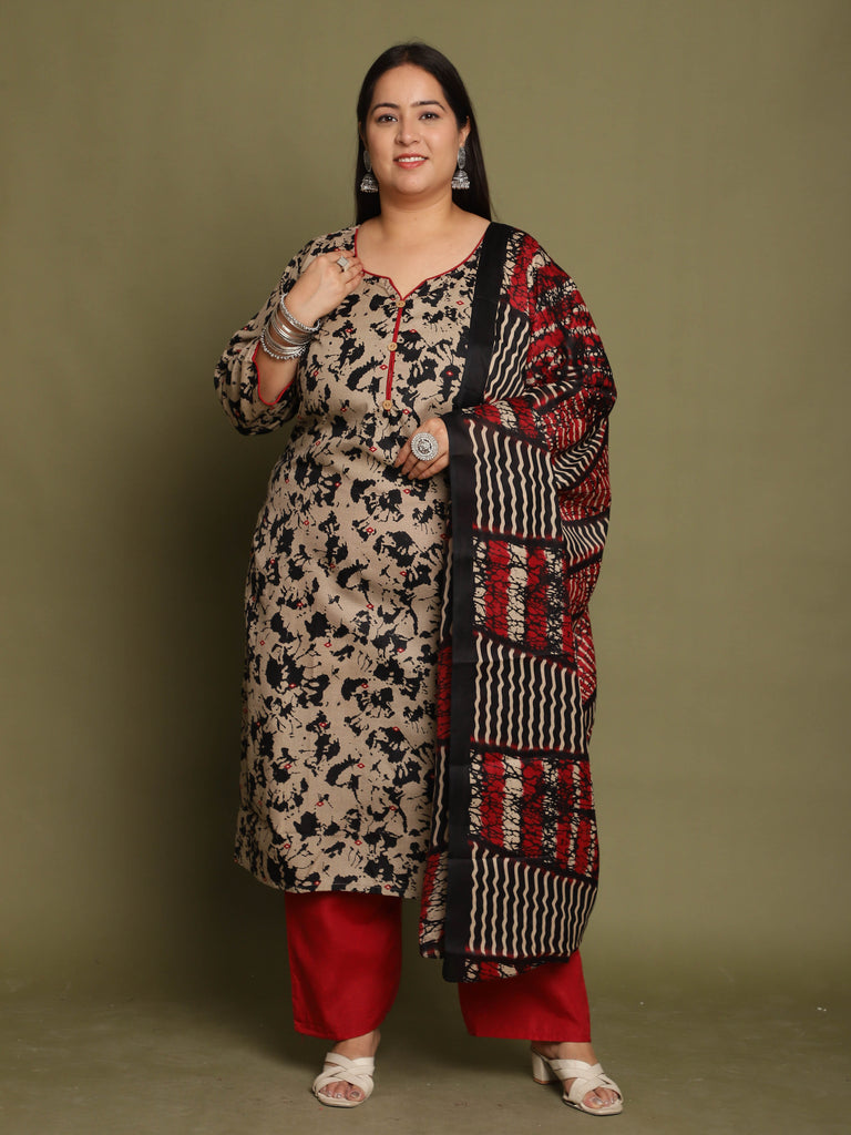 Beige & Black Cotton Blend Abstract Printed Plus Size Kurta & Pant With Dupatta