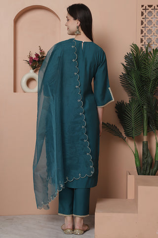 Teal Green Poly Silk Embroidered Straight Kurta & Pant With Dupatta