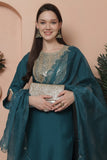 Teal Green Poly Silk Embroidered Straight Kurta & Pant With Dupatta