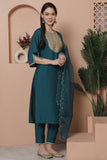 Teal Green Poly Silk Embroidered Straight Kurta & Pant With Dupatta