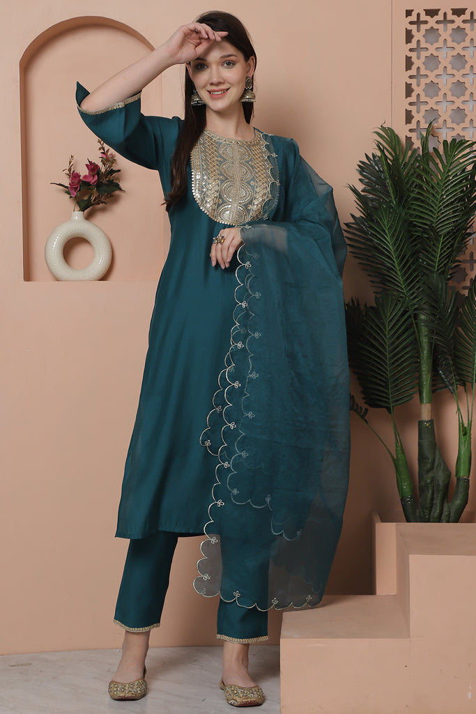 Teal Green Poly Silk Embroidered Straight Kurta & Pant With Dupatta