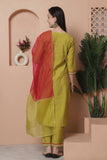 Lime Green Poly Silk Embroidered Straight Kurta & Pant With Dupatta