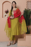 Lime Green Poly Silk Embroidered Straight Kurta & Pant With Dupatta