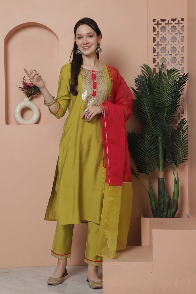 Lime Green Poly Silk Embroidered Straight Kurta & Pant With Dupatta