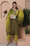 Olive Green Poly Silk Embroidered Straight Kurta & Pant With Dupatta