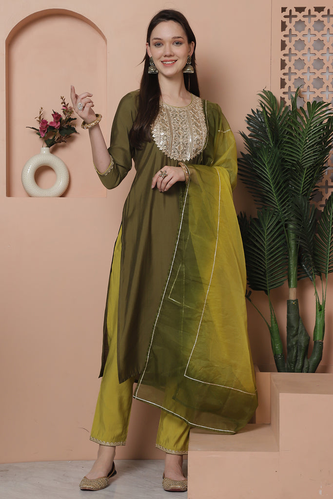 Olive Green Poly Silk Embroidered Straight Kurta & Pant With Dupatta