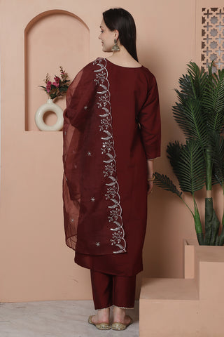 Maroon Poly Silk Embroidered Straight Kurta & Pant With Dupatta