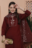 Maroon Poly Silk Embroidered Straight Kurta & Pant With Dupatta