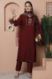 Maroon Poly Silk Embroidered Straight Kurta & Pant With Dupatta