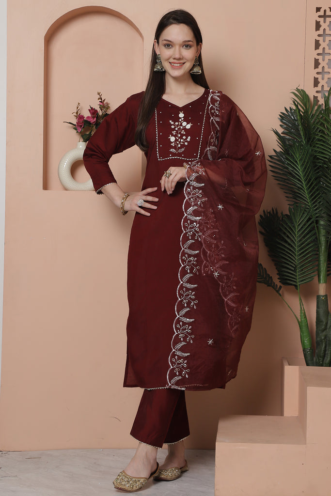 Maroon Poly Silk Embroidered Straight Kurta & Pant With Dupatta