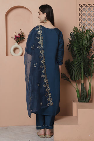 Teal Blue Poly Silk Embroidered Straight Kurta & Pant With Dupatta