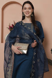 Teal Blue Poly Silk Embroidered Straight Kurta & Pant With Dupatta