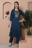 Teal Blue Poly Silk Embroidered Straight Kurta & Pant With Dupatta