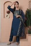 Teal Blue Poly Silk Embroidered Straight Kurta & Pant With Dupatta