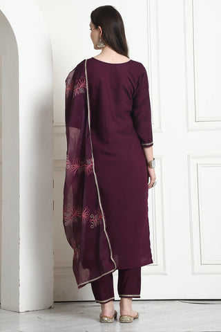 Wine Poly Silk Embroidered Straight Kurta & Pant With Dupatta