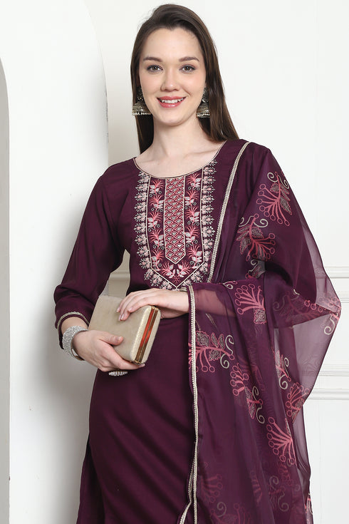 Wine Poly Silk Embroidered Straight Kurta & Pant With Dupatta