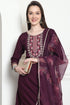 Wine Poly Silk Embroidered Straight Kurta & Pant With Dupatta