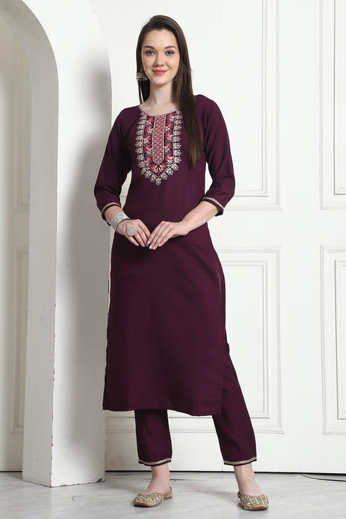 Wine Poly Silk Embroidered Straight Kurta & Pant With Dupatta
