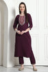 Wine Poly Silk Embroidered Straight Kurta & Pant With Dupatta