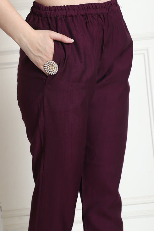 Wine Poly Silk Embroidered Straight Kurta & Pant With Dupatta