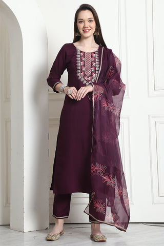 Wine Poly Silk Embroidered Straight Kurta & Pant With Dupatta