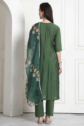 Green Poly Silk Embroidered Straight Kurta & Pant With Dupatta