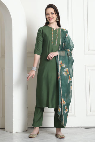 Green Poly Silk Embroidered Straight Kurta & Pant With Dupatta