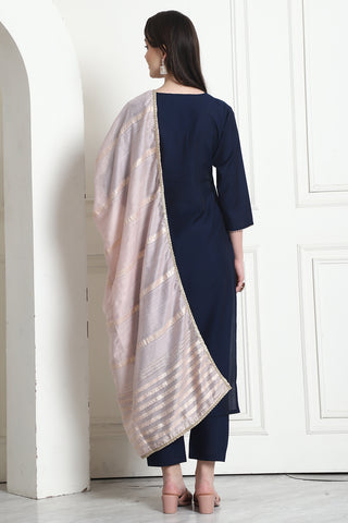 Navy Blue Poly Silk Embroidered Straight Kurta & Pant With Dupatta