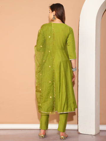 Green Poly Silk Embroidered Anarkali Kurta & Pant With Dupatta