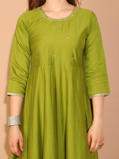 Green Poly Silk Embroidered Anarkali Kurta & Pant With Dupatta