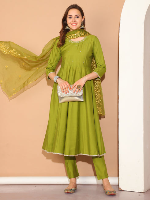 Green Poly Silk Embroidered Anarkali Kurta & Pant With Dupatta