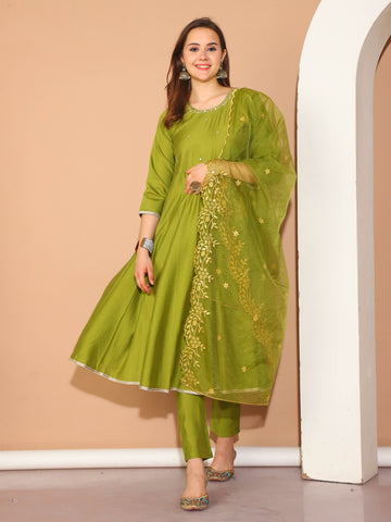 Green Poly Silk Embroidered Anarkali Kurta & Pant With Dupatta