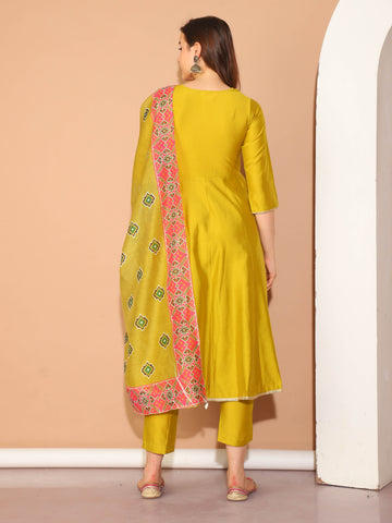 Lime Green Poly Silk Embroidered Anarkali Kurta & Pant With Dupatta