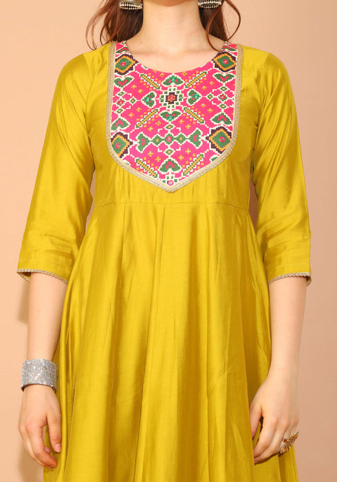 Lime Green Poly Silk Embroidered Anarkali Kurta & Pant With Dupatta