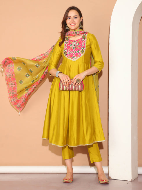 Lime Green Poly Silk Embroidered Anarkali Kurta & Pant With Dupatta