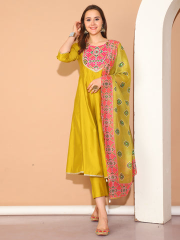 Lime Green Poly Silk Embroidered Anarkali Kurta & Pant With Dupatta