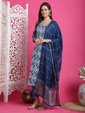 Teal Blue & Beige Rayon Embroidered Straight Kurta & Pant With Dupatta