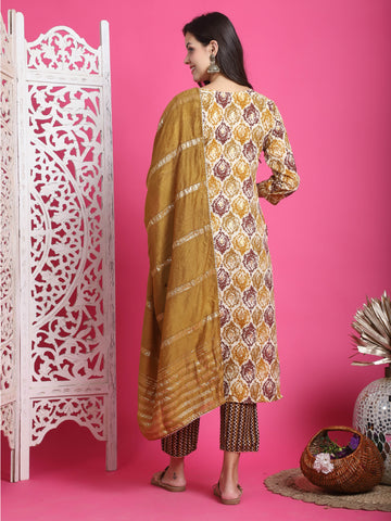 Mustard & Beige Rayon Embroidered Straight Kurta & Pant With Dupatta