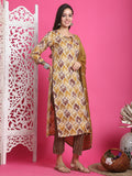 Mustard & Beige Rayon Embroidered Straight Kurta & Pant With Dupatta