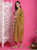 Mustard & Beige Rayon Embroidered Straight Kurta & Pant With Dupatta