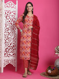 Maroon & Beige Rayon Embroidered Straight Kurta & Pant With Dupatta