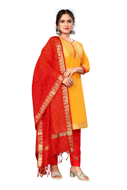 Yellow Chanderi Silk Embroidered Straight Kurta & Pant With Dupatta