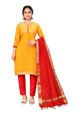 Yellow Chanderi Silk Embroidered Straight Kurta & Pant With Dupatta