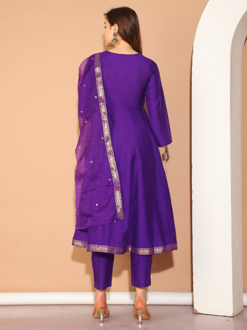 Purple Poly Silk Embroidered Anarkali Kurta & Pant With Dupatta